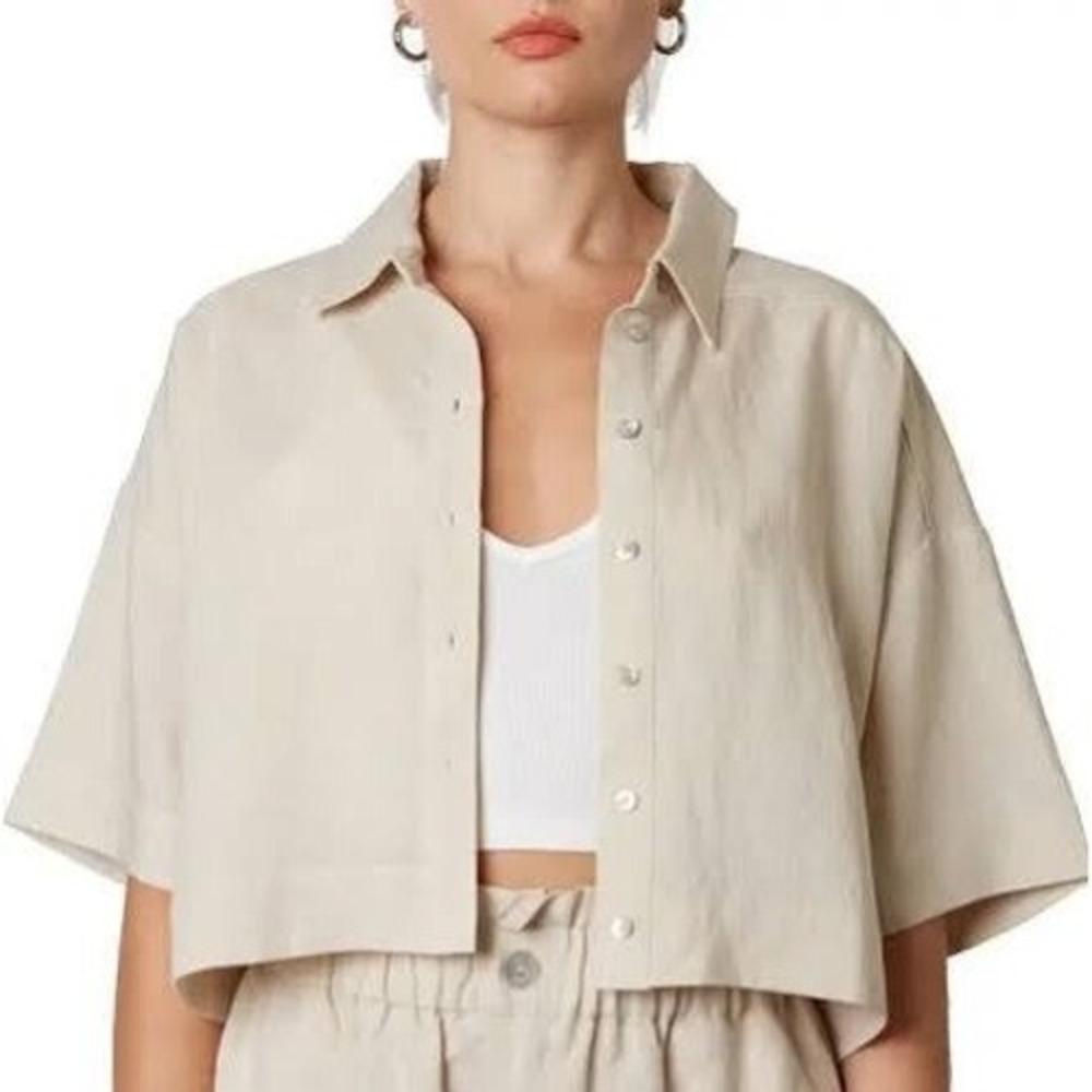 NIA Button Down Cropped Shirt Medium Beige Linen Tencel Boxy Short Sleeve